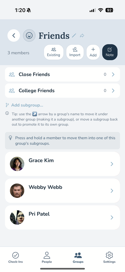 The Groups screen with Family, Close Friends, Work, Neighbors, and Book Club