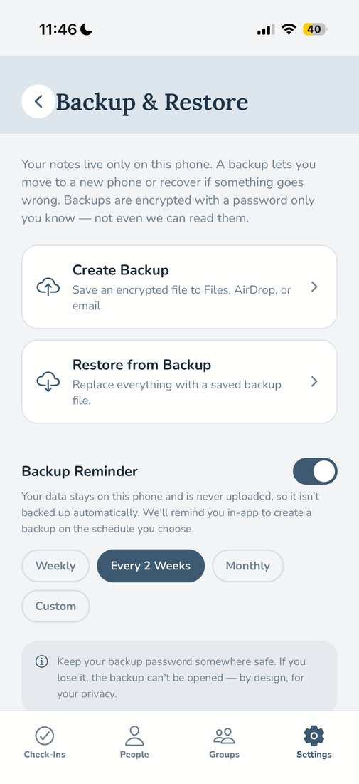 The Backup and Restore screen showing encrypted local backups